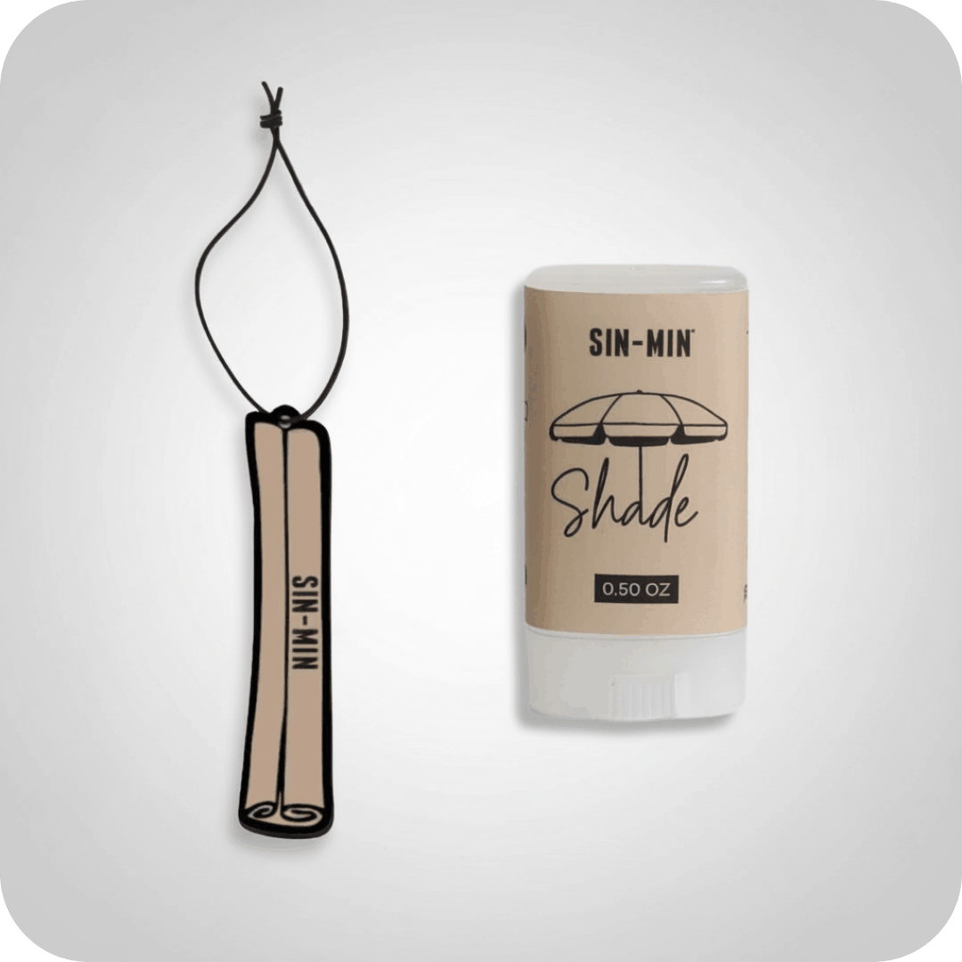 SIN-MIN shade product and Carchata hanging car air freshener with a light grey background