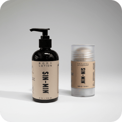 Body lotion and deodorant with 'SIN-MIN' branding on a light grey background