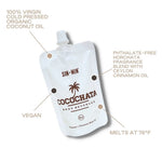 Product specifications of Cocochata Body Oil that include 100% virgin cold pressed organic coconut oil, phthalate-free horchata fragrance blend with ceylon cinnamon essential oil, vegan, melts at 76 degrees Fahrenheit 