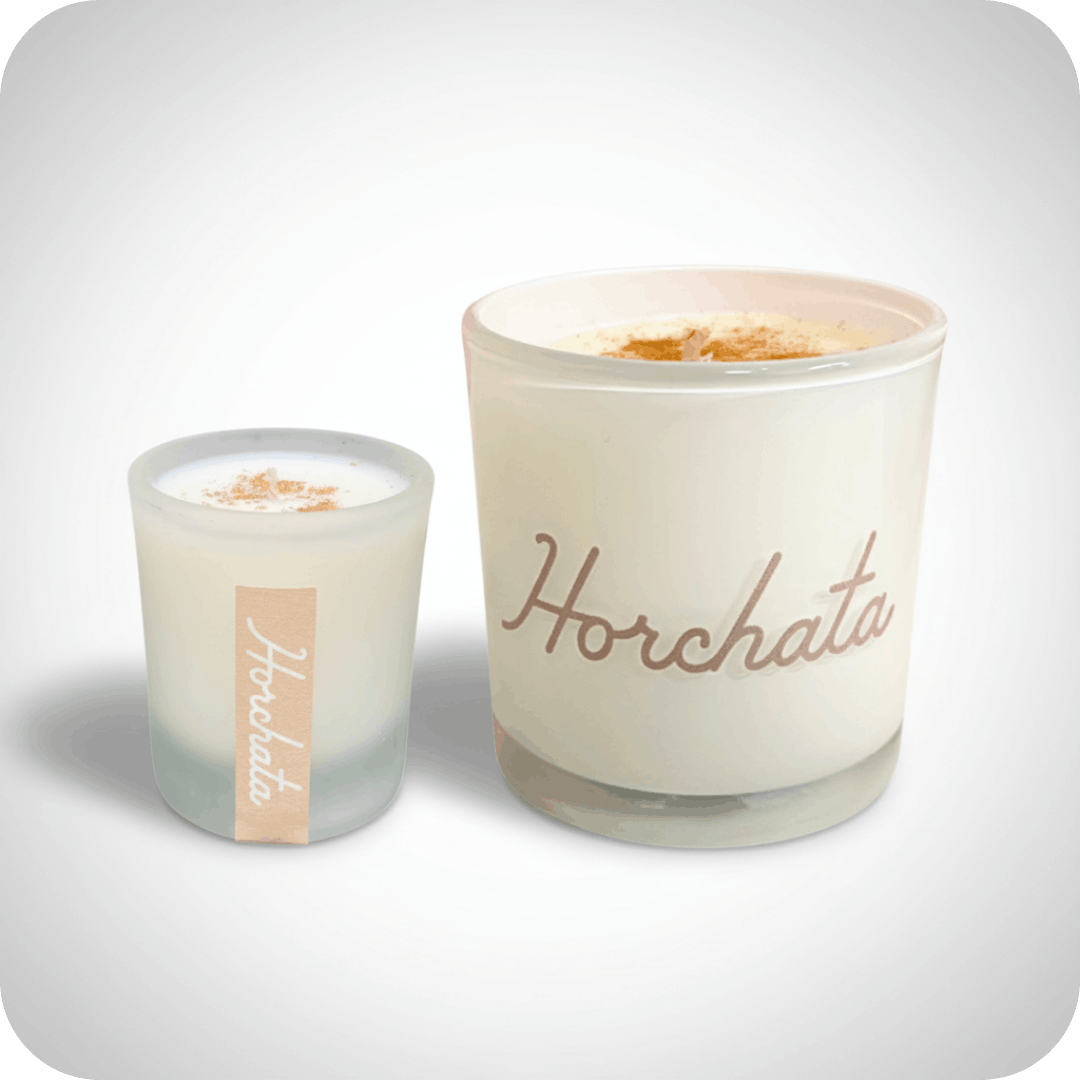 3 oz and 10 oz horchata candles with a light grey background