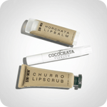 horchata lip balm, cocochata lip balm, and churro lip scrub with a light grey background