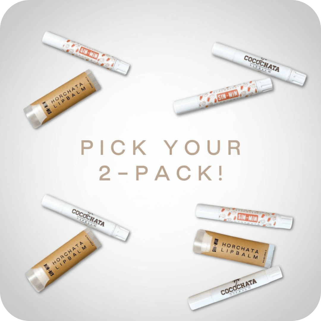 All 3 SIN-MIN Lip balm flavors mixed and matched with the text "pick your 2-pack"