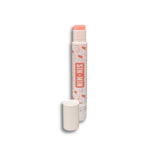 Lip balm with a white container with cap off on a white background