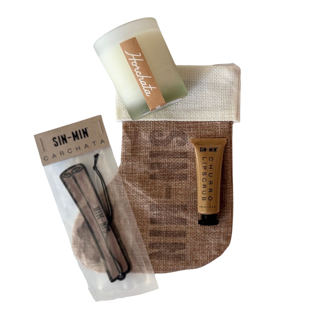 burlap stocking with SIN-MIN candle, lip scrub, and air freshsner