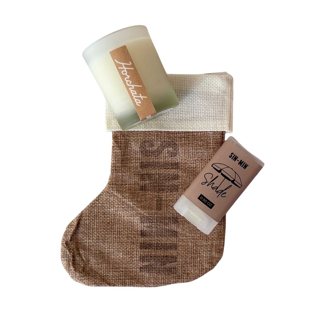 burlap stocking with SIN-MIN candle and shade