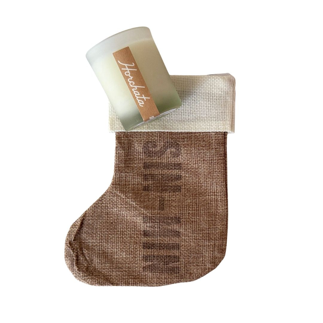 burlap stocking with SIN-MIN candle
