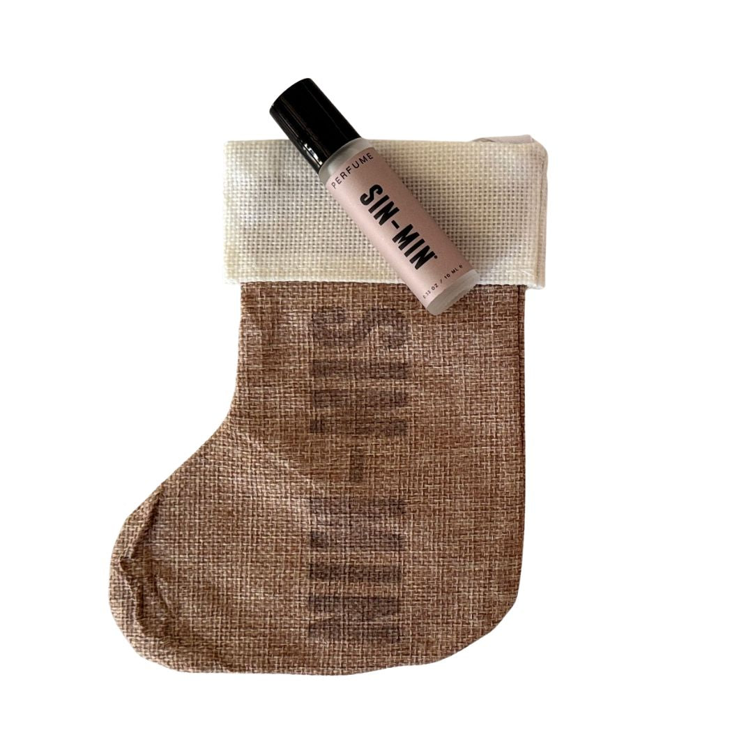 burlap stocking with SIN-MIN perfume