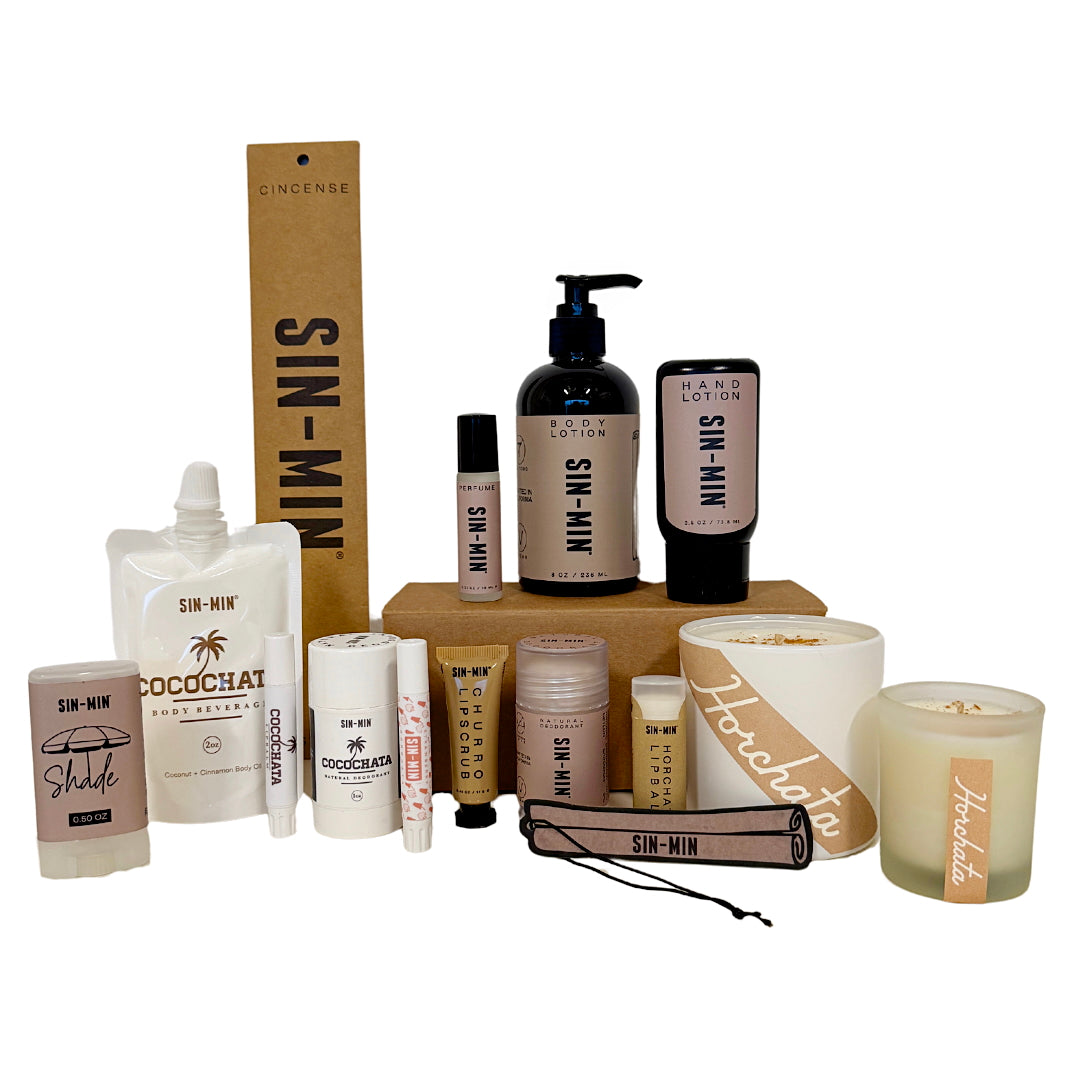 Sin-Min cinnamon and vanilla lip balm, perfume, candle, deodorant, self care